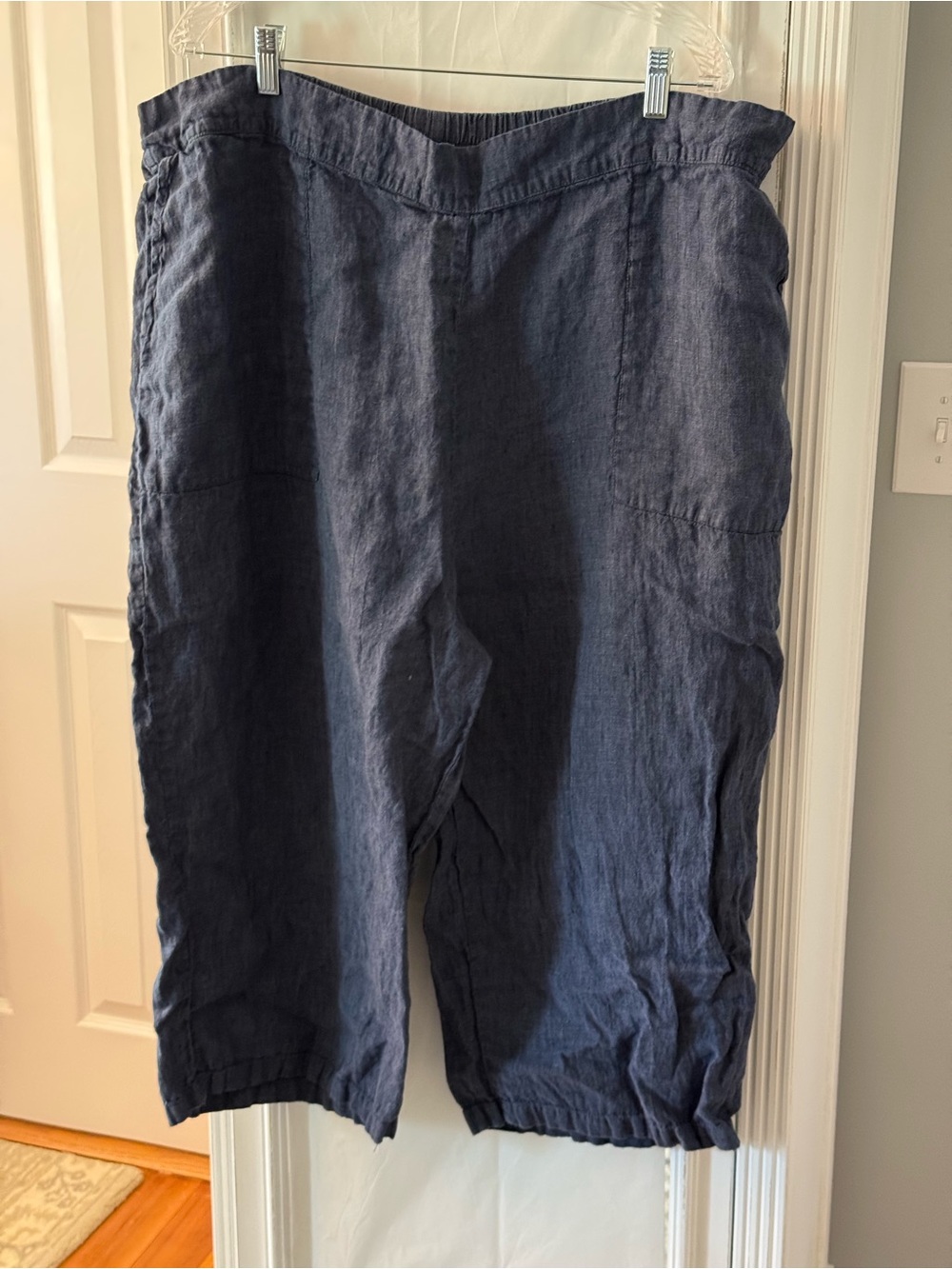 Flax Flat Front Cropped Pants in Blue Textured Linen Size 3G